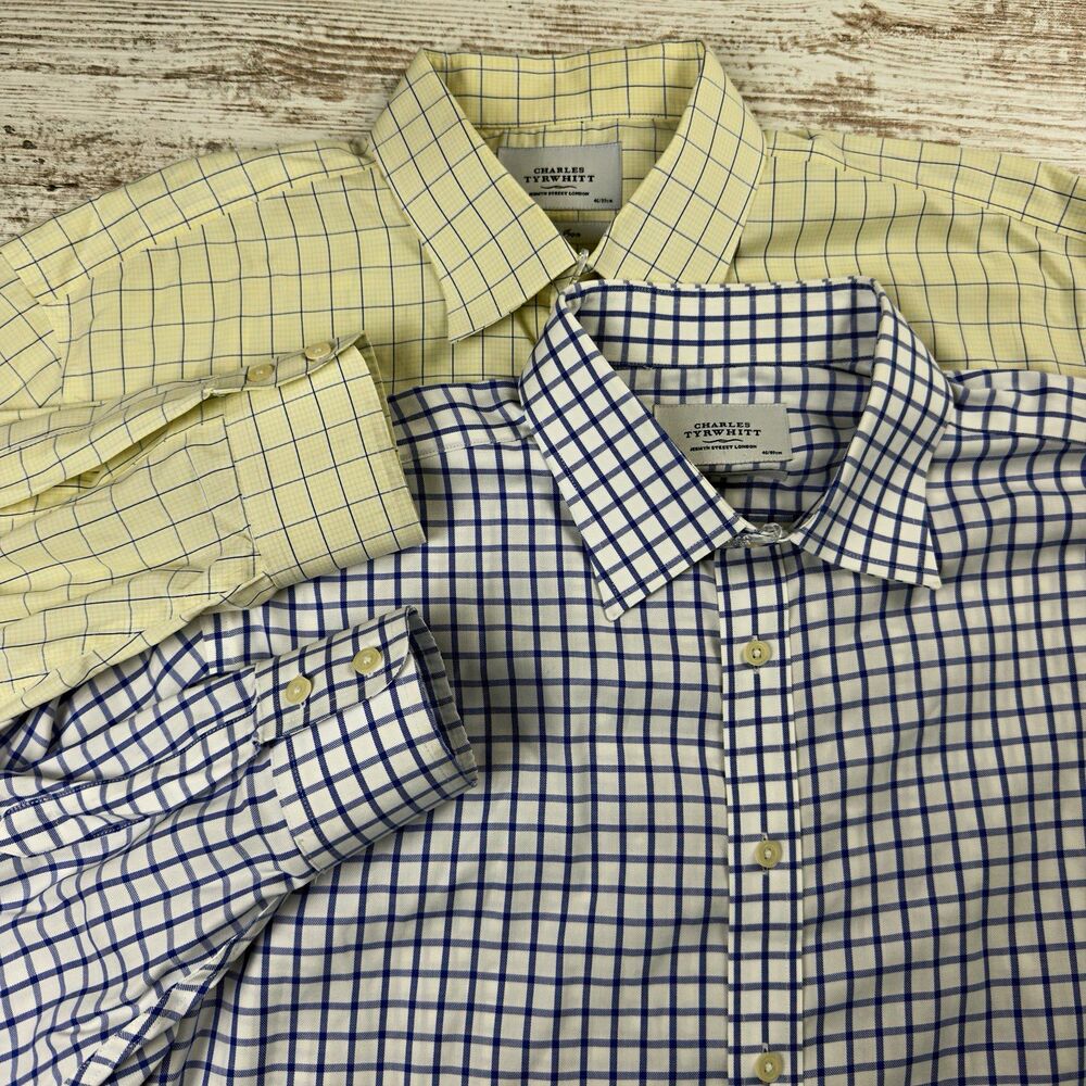 Bundle Of 2 Charles Tyrwhitt Non Iron Mens Dress Shirt 18 32/33 46 Blue Yellow